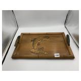 WOODEN SERVING TRAY W/ CARVED FISH RELIEF, BAMBOO