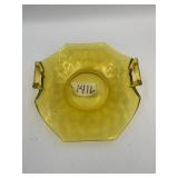 YELLOW URANIUM GLASS DISH, OCTAGONAL, HANDLED,