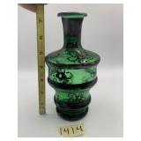 GREEN GLASS VASE, BLACK DECORATION, RIBBED BODY.