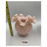 PINK MILK GLASS HOBNAIL VASE, RUFFLED RIM.
