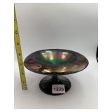IRIDESCENT CARNIVAL GLASS FOOTED BOWL, PURPLE AND