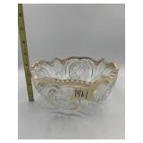 PRESSED GLASS BOWL, GOLD GILT RIM, GEOMETRIC