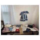 ASSORTED VTG DOLL CLOTHES, DRESSES, OVERALLS,