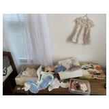 PETER RABBIT BOX, ASSORTED DOLL CLOTHES, HANGERS,