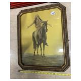 FRAMED ART PRINT, NATIVE AMERICAN ON HORSEBACK,