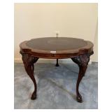 CARVED WOOD ACCENT TABLE, ROUND TOP, CLAW FEET,