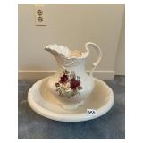 VTG CERAMIC PITCHER AND BASIN SET, CREAM, RED