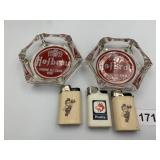 HOFBRU GLASS ASHTRAYS, PLASTIC LIGHTERS W/