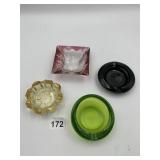 ASSORTED GLASS ASHTRAYS, RED ETCHED, BLACK,