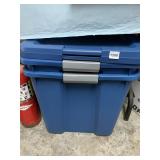 BLUE PLASTIC STORAGE TOTES W/ GRAY LATCHES.