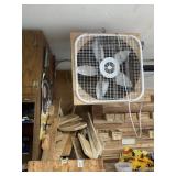 WHITE BOX FAN MOUNTED ON WOODEN FRAME W/ ASSORTED