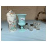 PORCELAIN JAR W/ LID, HAND PAINTED FLORAL & BIRD