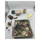 ASSORTED SMALL COLLECTIBLES, PENS, PINS, WOODEN