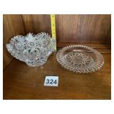 CUT GLASS BOWL & PLATE, STARBURST PATTERN,