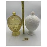MILK GLASS LIDDED CANDY DISHES, YELLOW & WHITE,