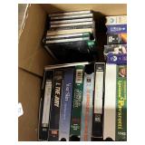 BOX LOT OF ASSORTED VHS TAPES AND MUSIC CDS,