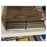 WOODGRAIN VHS TAPE STORAGE CABINET W/ ASSORTED