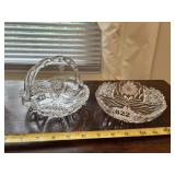 CLEAR CUT GLASS BASKET W/ HANDLE, CLEAR CUT GLASS