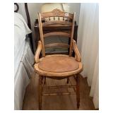WOODEN CAPTAIN'S CHAIR W/ TURNED SPINDLES, CARVED