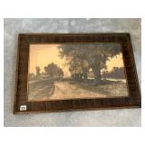 FRAMED LANDSCAPE PRINT, BURL WOOD STYLE FRAME,