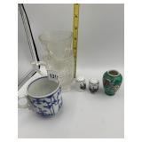 BLUE & WHITE PORCELAIN CUP, CLEAR PRESSED GLASS