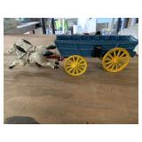 CAST IRON HORSE-DRAWN WAGON TOY, BLUE WAGON,