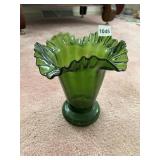 GREEN RUFFLED ART GLASS VASE, FOOTED BASE.