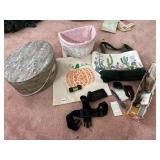 MARBLED HAT BOX, WHITE WICKER BASKET, TOTE BAGS