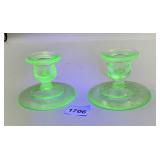 VTG GREEN URANIUM GLASS CANDLESTICK HOLDERS (PR).