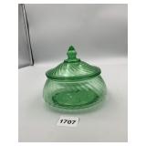 VTG GREEN URANIUM GLASS LIDDED JAR, SWIRLED