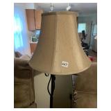 WROUGHT IRON STYLE FLOOR LAMP W/ FABRIC SHADE.