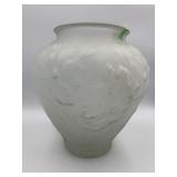 FROSTED SATIN GLASS VASE, FLORAL RELIEF DESIGN.
