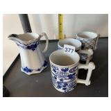 BLUE & WHITE CERAMIC PITCHER & MUGS, BAMBOO