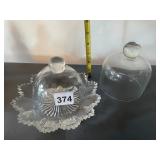 CLEAR GLASS BUTTER DOMES W/ RUFFLED PLATE.