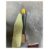 ASSORTED HOUSEHOLD CLEANING TOOLS, IRONING BOARD,
