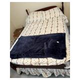 FLORAL COMFORTER, PILLOWS, NAVY BLUE BLANKET.