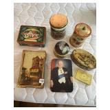 ASSORTED DECORATIVE TINS, VARIOUS SHAPES AND