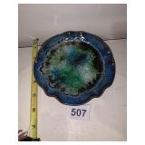 GLAZED CERAMIC DISH, BLUE RIM, IRIDESCENT