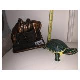 BRONZE-TONE SADDLED HORSE FIGURINE, PAINTED RED