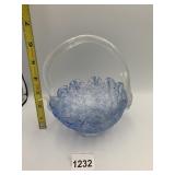 ART GLASS BASKET, BLUE AND CLEAR FRIT GLASS,