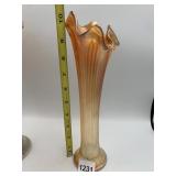 IRIDESCENT CARNIVAL GLASS TRUMPET VASE, MARIGOLD