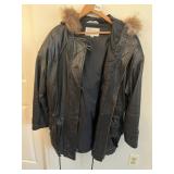 BRANDON THOMAS BLACK LEATHER HOODED PARKA, FUR