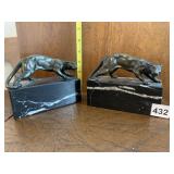BRONZE-TONE PANTHER BOOKENDS, MARBLE BASES, (2).