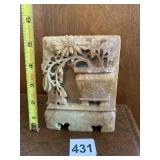 CARVED STONE PLAQUE, FLORAL VASE MOTIF, NATURAL