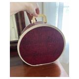 VINTAGE OVAL HAT BOX, RED FAUX REPTILE SKIN,
