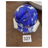 VASSILAKIS ART GLASS PAPERWEIGHT, BLUE & WHITE