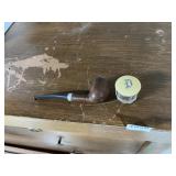 WOOD SMOKING PIPE, GLASS JAR W/ INITIALED LID.