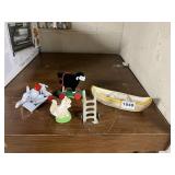 OCCUPIED JAPAN CERAMIC CANOE, WOODEN PULL TOYS,