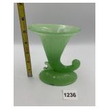 GREEN GLASS CORNUCOPIA VASE, FLUTED DESIGN,