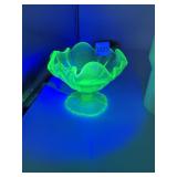 URANIUM GLASS FOOTED BOWL, GREEN, RUFFLED EDGE,